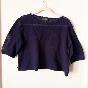 Y2K Lauren Ralph Lauren Navy Open Knit Cotton Top Womens XL Crochet‎ Layer Sheer
